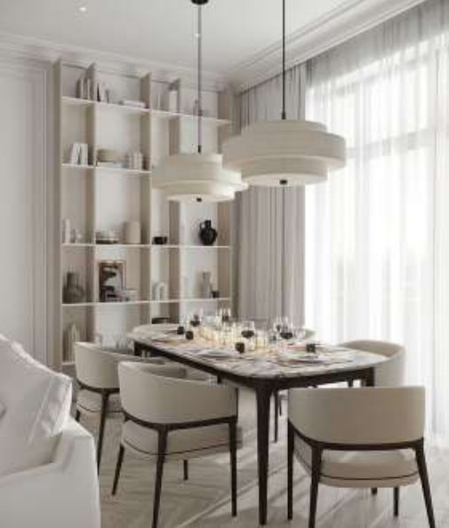 Comedor contemporáneo con lámparas de tambor y estantería blanca