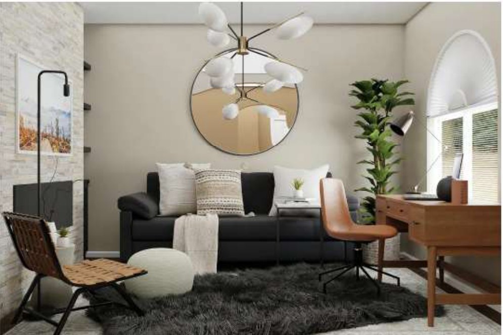 Salón cozy con sofá oscuro, puf de punto y espejo redondo