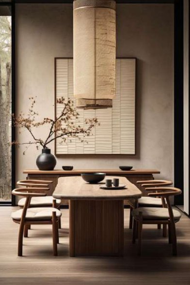 Comedor japandi con mesa de madera y lámpara de papel