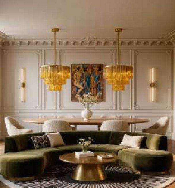 Salón maximalista con sofá curvo de terciopelo verde y lámparas doradas