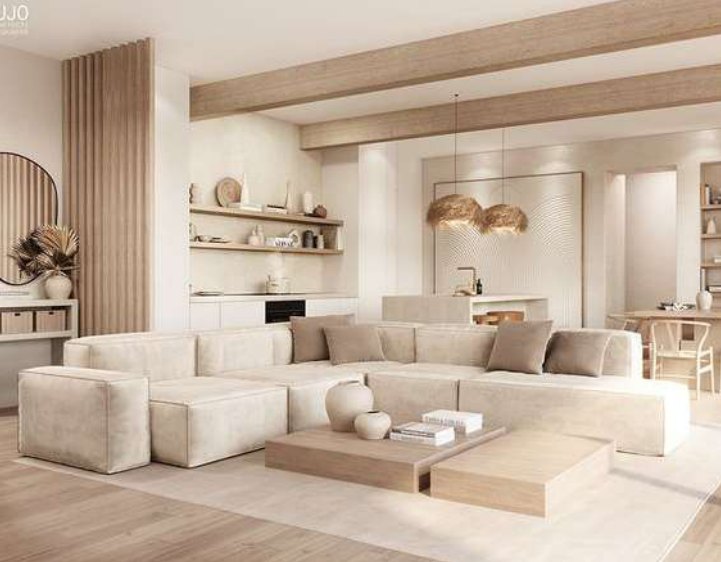 Salón mediterráneo con sofá de lino y lámparas de fibra