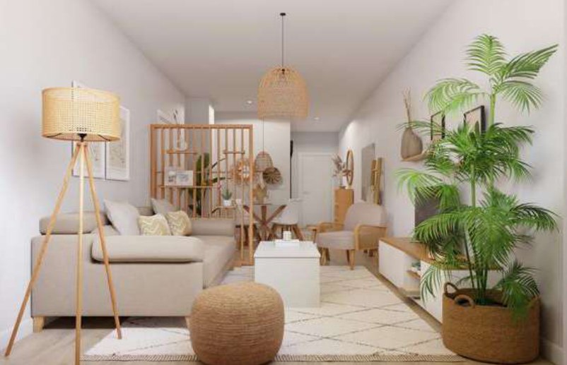 Salón nórdico con lámpara de trípode, fibras naturales y plantas