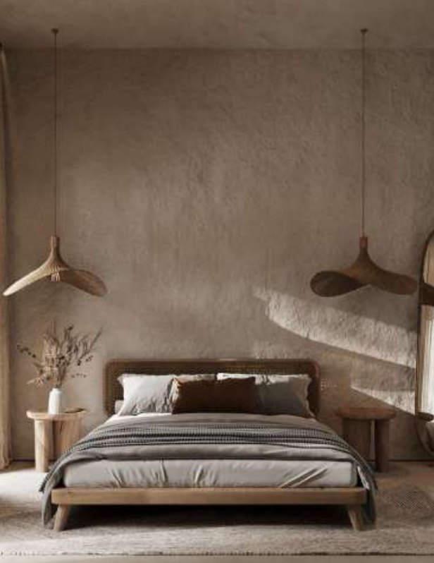 Dormitorio wabi-sabi con pared de cal texturizada y cama de madera